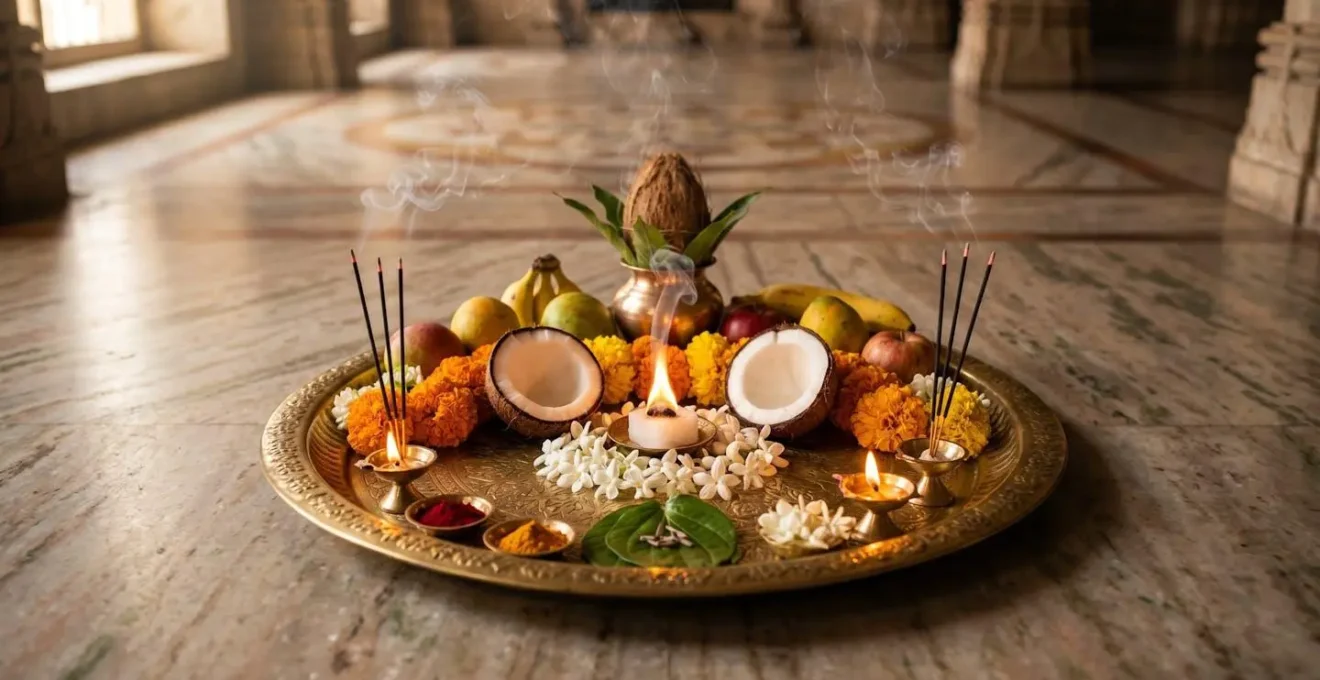 Plateau d'offrandes traditionnelles avec fruits, fleurs et encens