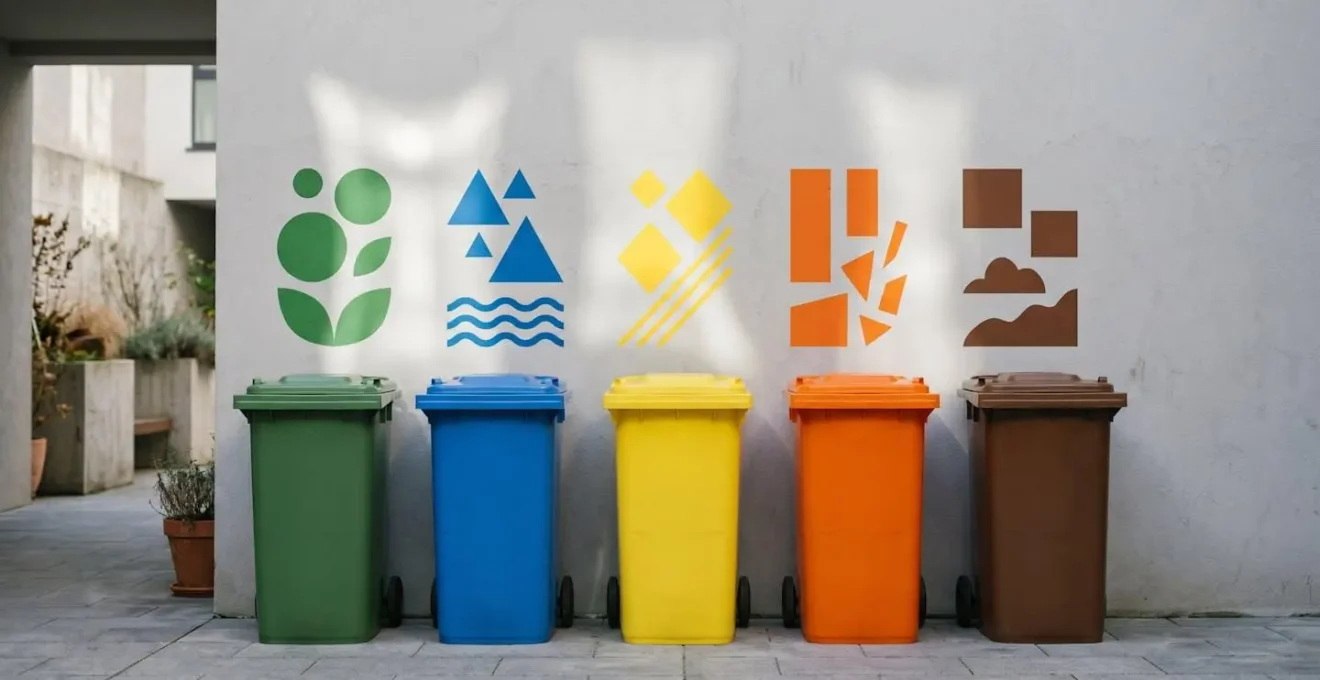 Zone de tri sélectif organisée dans une résidence avec bacs de différentes couleurs