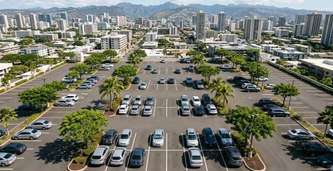 Vue aérienne d'une zone de stationnement urbaine avec voitures garées et espaces disponibles à La Réunion