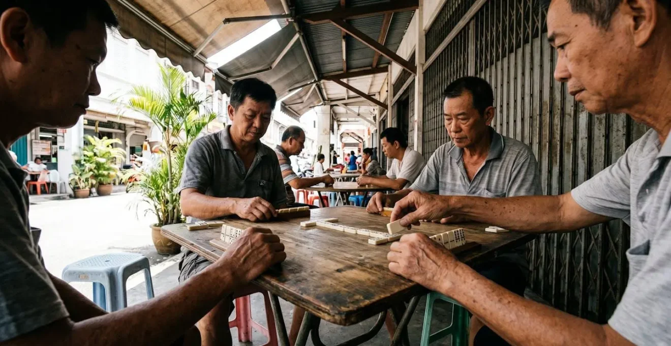Joueurs de dominos concentrés sous l'ombre d'une boutique chinoise traditionnelle