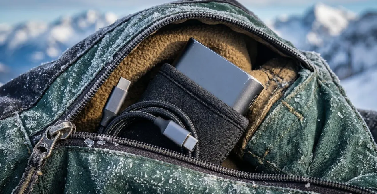 Équipement de recharge protégé du froid en montagne avec powerbank et câbles organisés