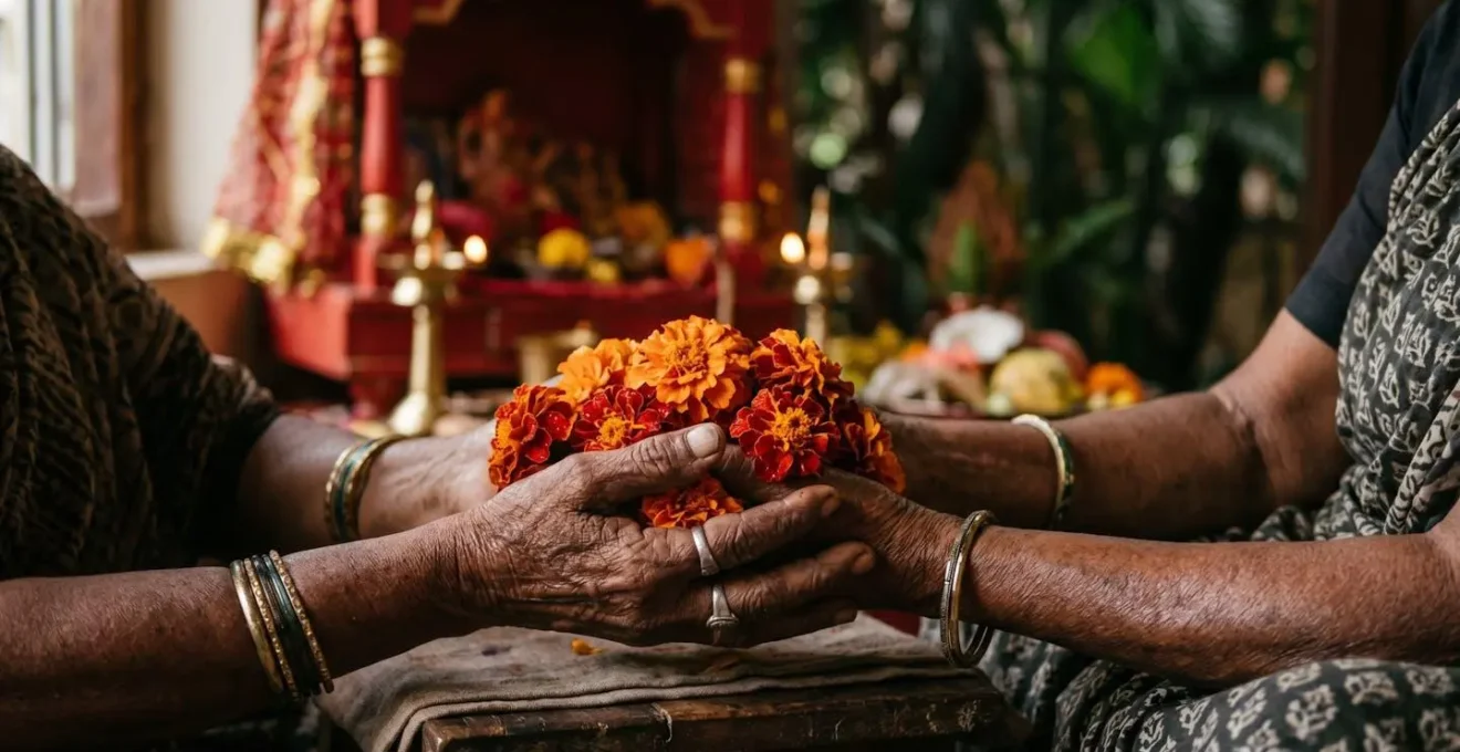 Mains jointes tenant des fleurs rouges d'œillets d'Inde devant un autel, mélange de symboles religieux