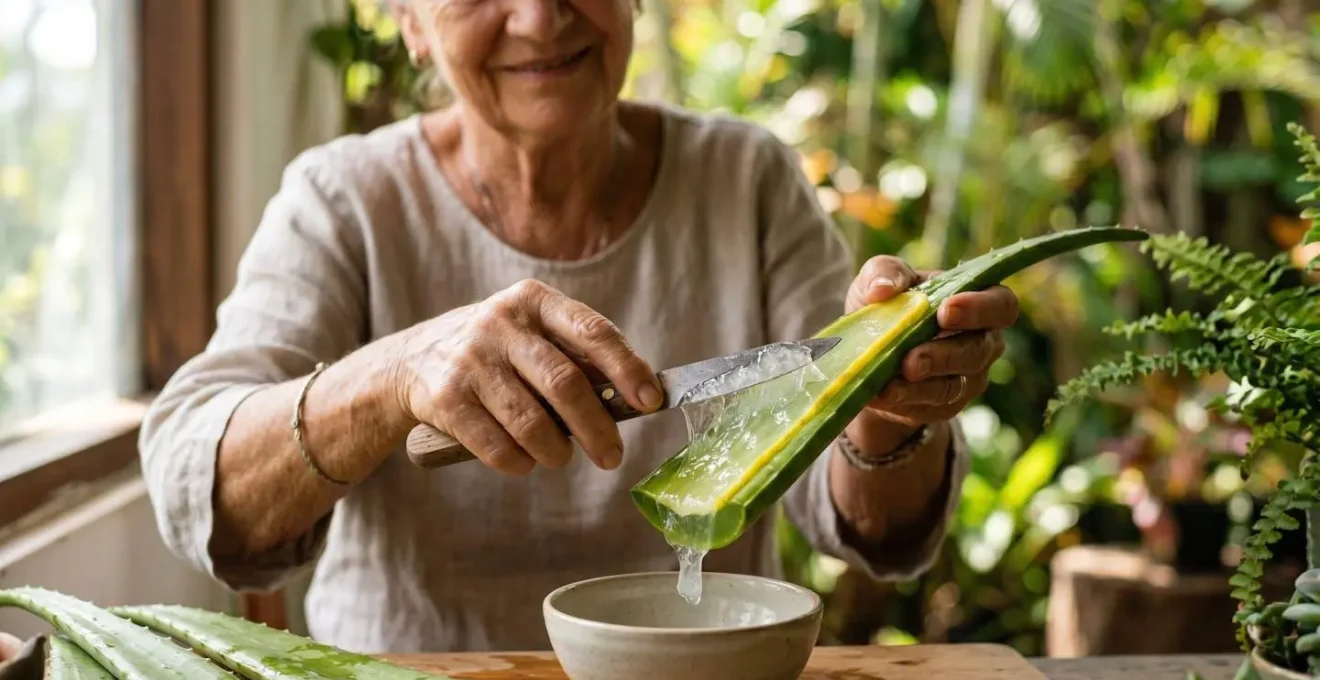 Feuille d'aloe vera fraîche coupée montrant le gel transparent apaisant