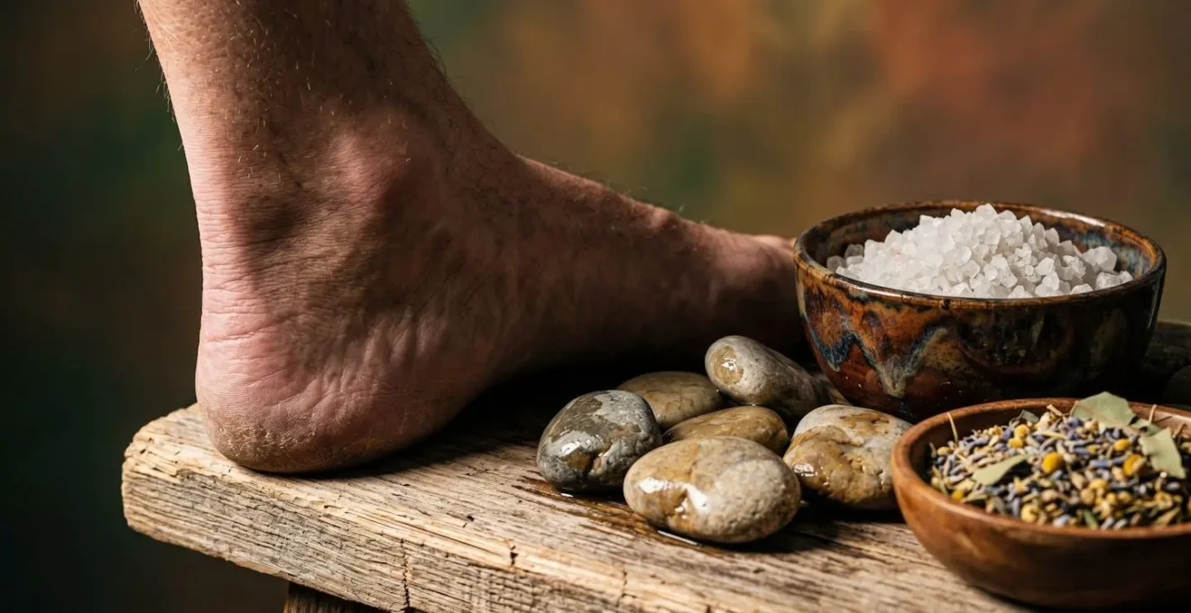 Gros plan sur des pieds en cours de soin avec produits de préparation