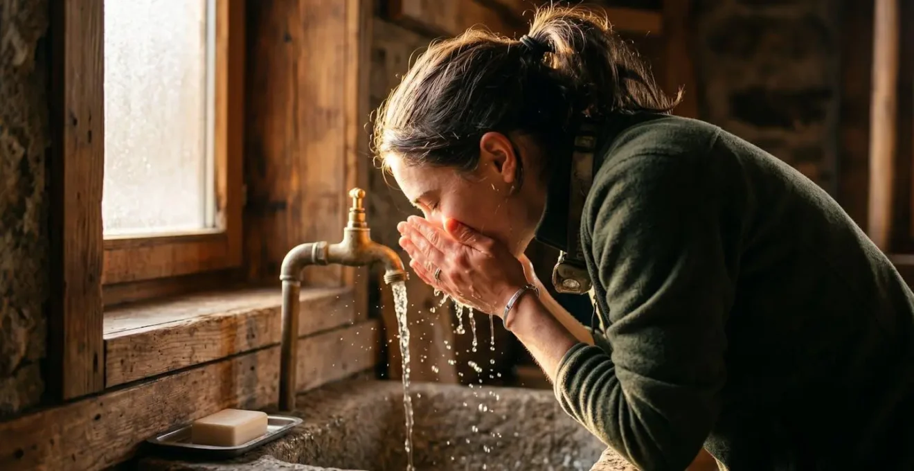 Randonneur effectuant sa toilette au lavabo dans un refuge de montagne