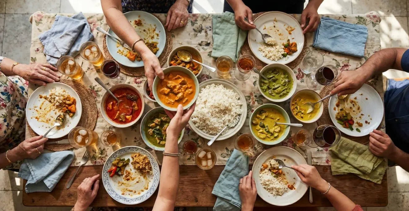 Grande tablée familiale créole lors d'un repas dominical sous une varangue