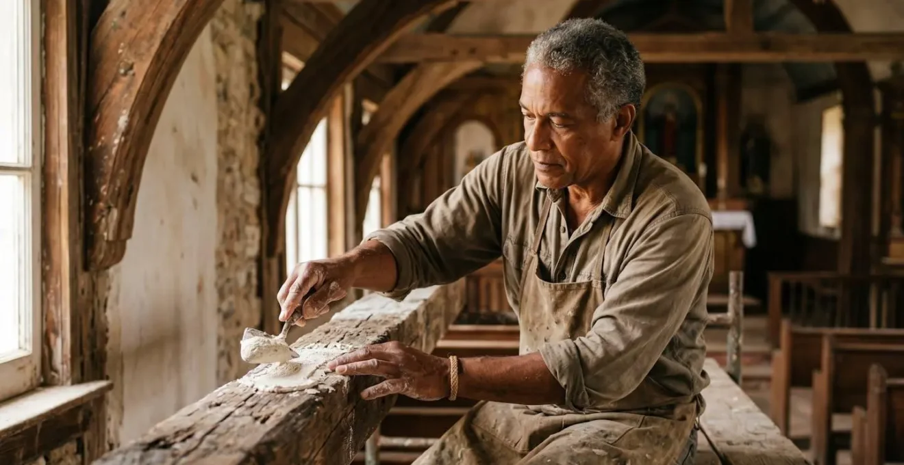 Artisans travaillant sur la restauration d'une chapelle créole