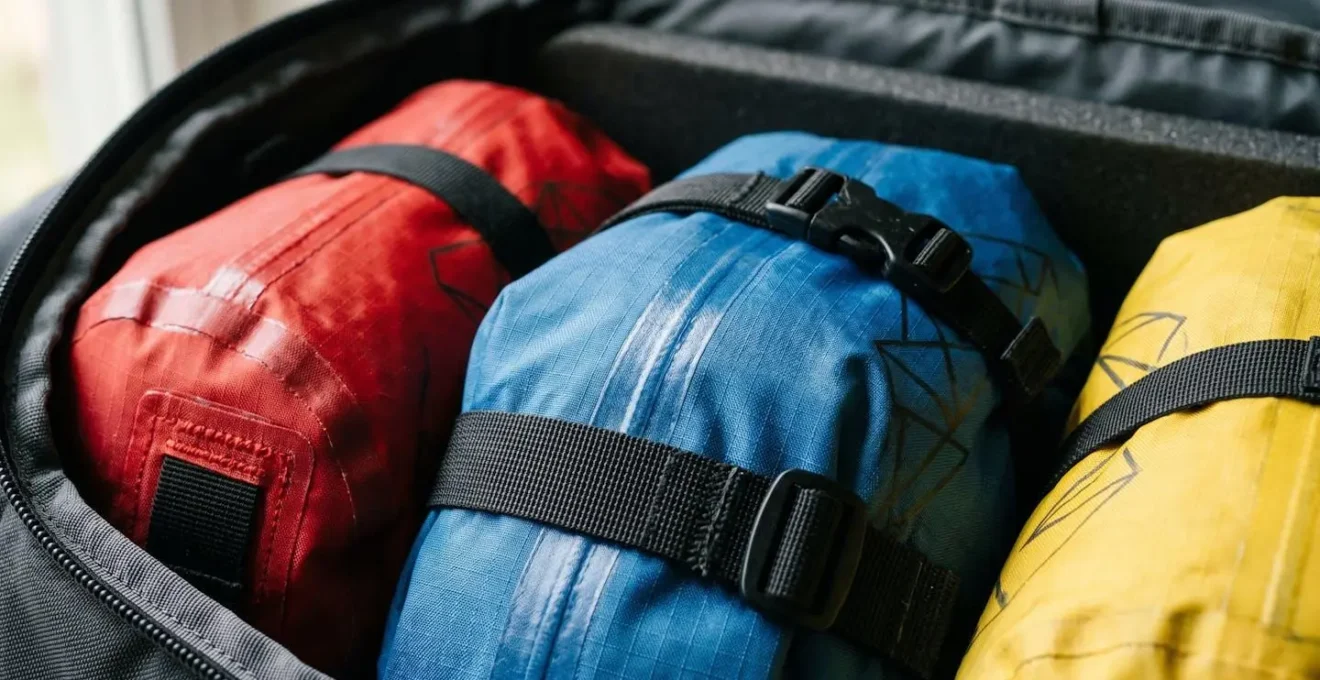 Système de sacs étanches colorés organisés dans un sac à dos de randonnée