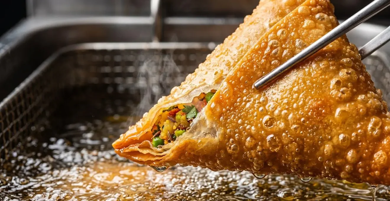 Samoussa doré parfaitement frit dans une huile claire avec des bulles délicates