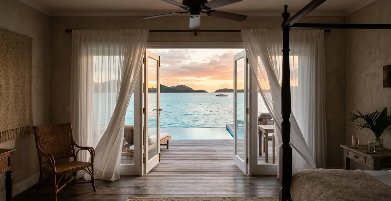 Suite de charme créole avec vue panoramique sur lagon au coucher du soleil