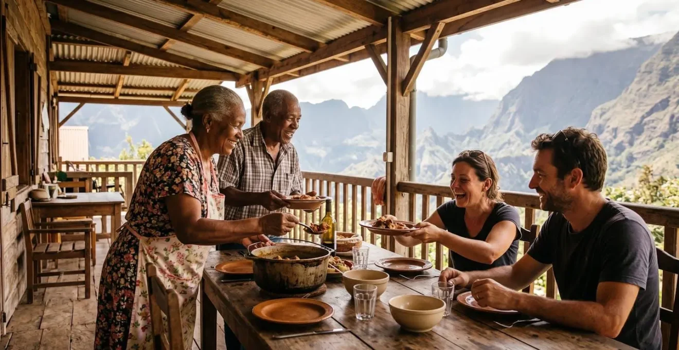 Terrasse de table d'hôte dans les Hauts avec vue sur les montagnes et service du déjeuner