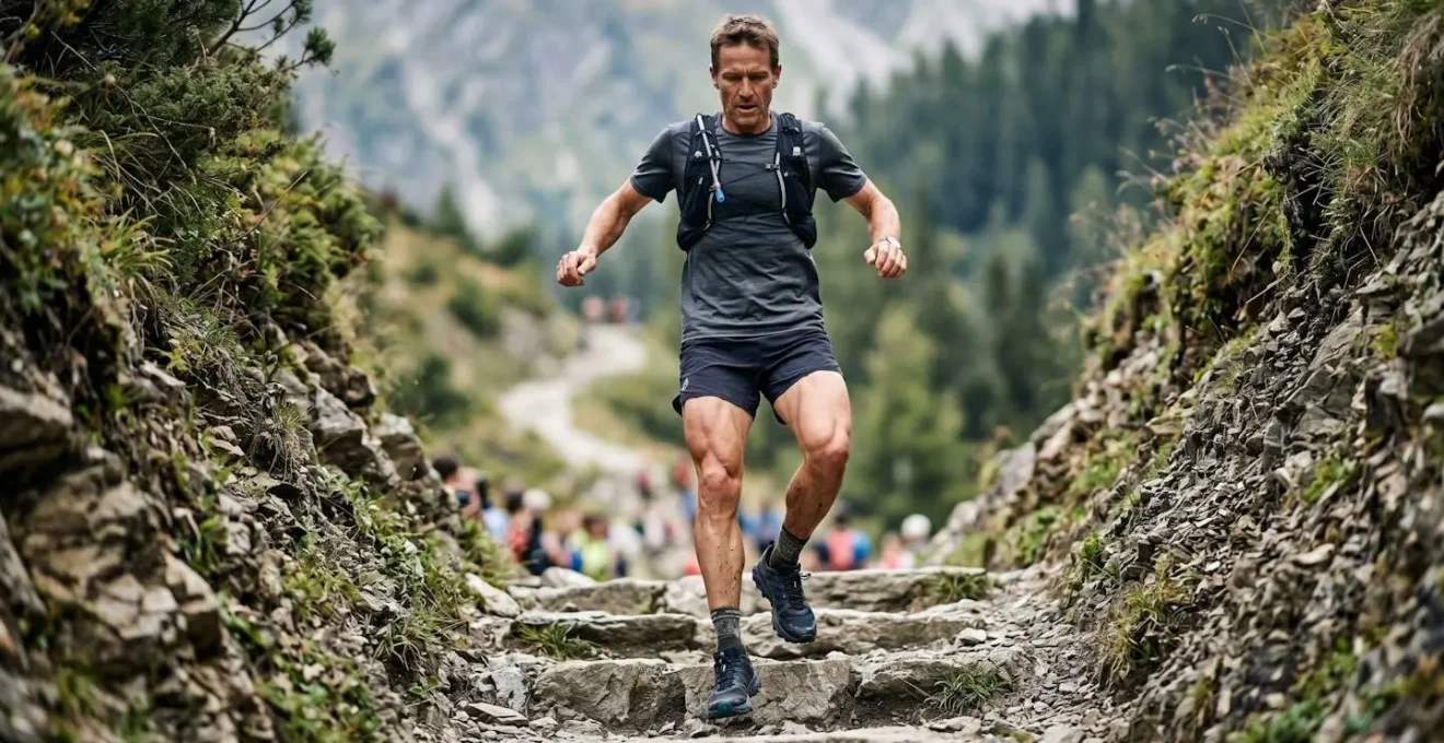 Technique de descente en trail avec focus sur la position des jambes et l'angle des genoux