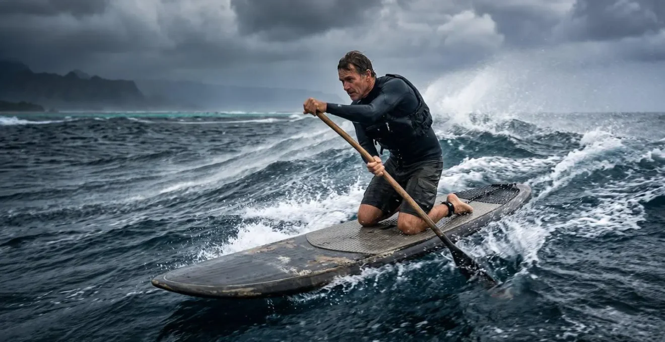 Paddleur à genoux sur sa planche remontant face au vent avec technique appropriée