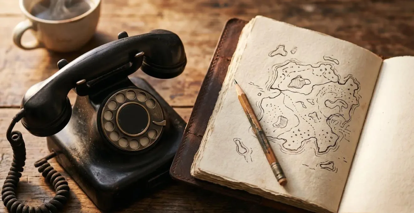 Carnet de réservation ouvert avec carte de La Réunion et téléphone vintage sur table en bois