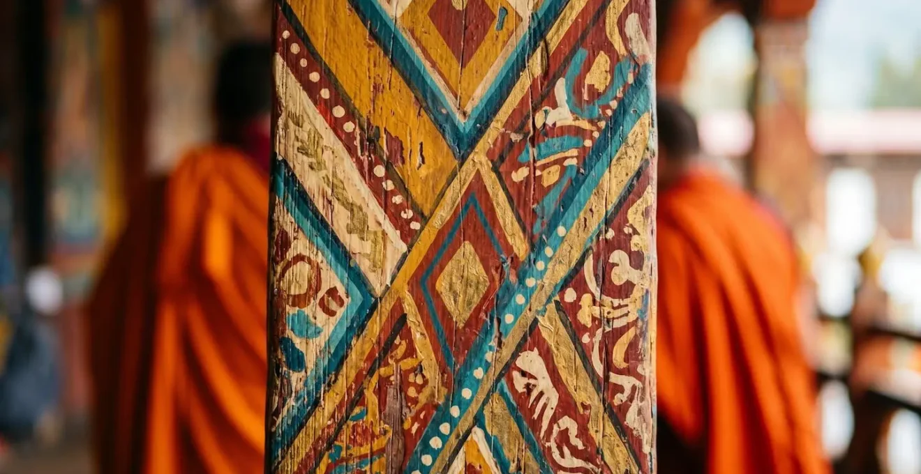 Détail architectural d'un temple avec colonnes colorées et visiteur en tenue harmonisée