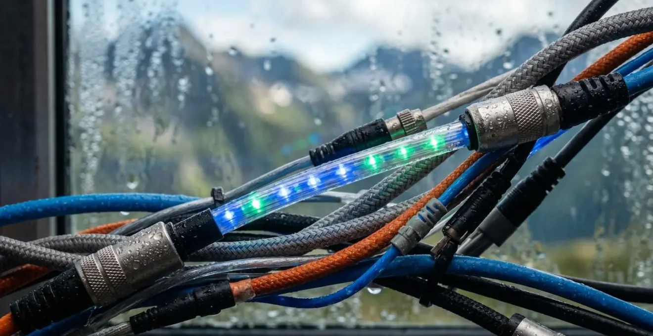 Bureau avec équipement de télétravail face à une fenêtre donnant sur des montagnes brumeuses
