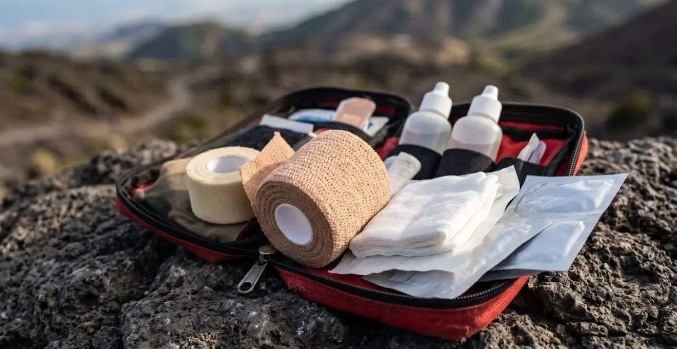 Trousse de secours ouverte avec matériel de strapping et soins pour randonnée en montagne