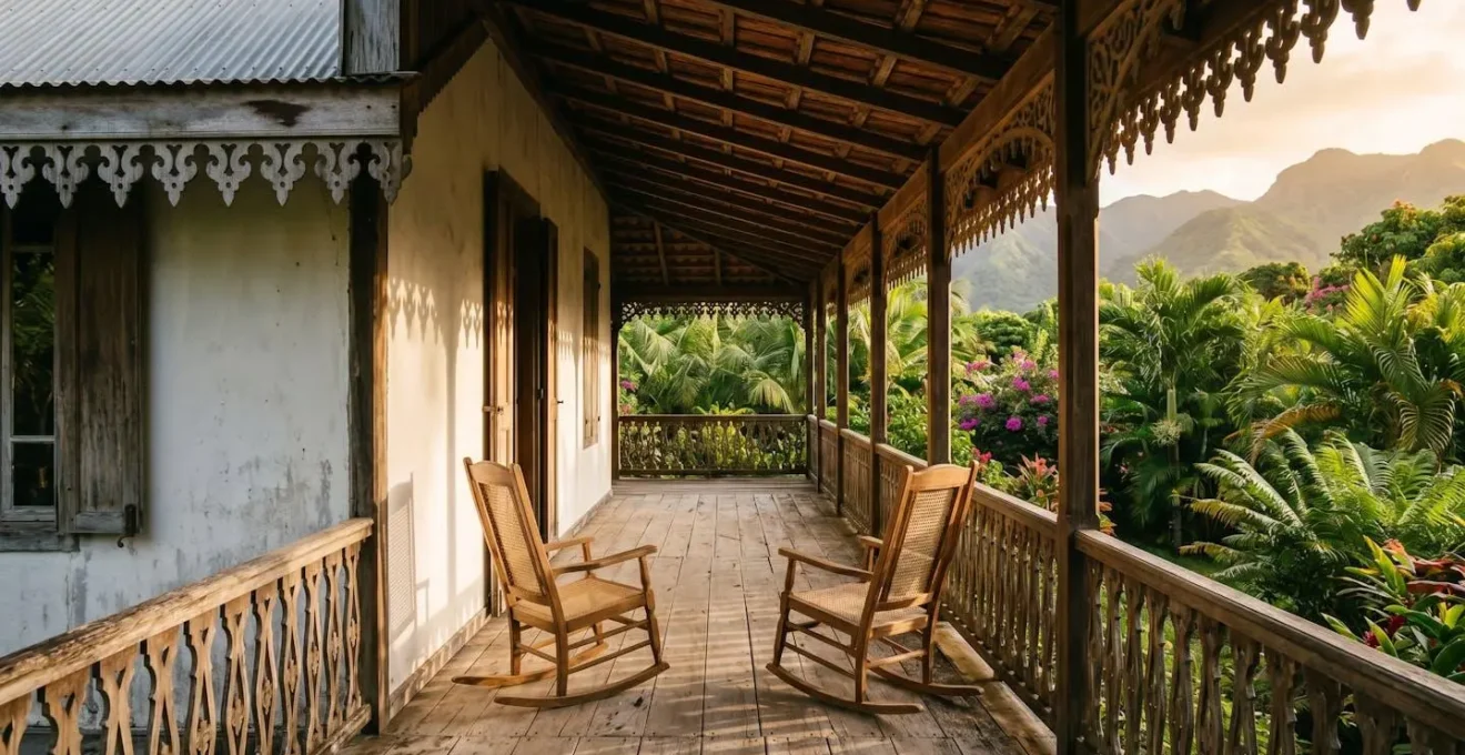 Vue latérale d'une varangue traditionnelle créole avec ses lambrequins décoratifs en bois