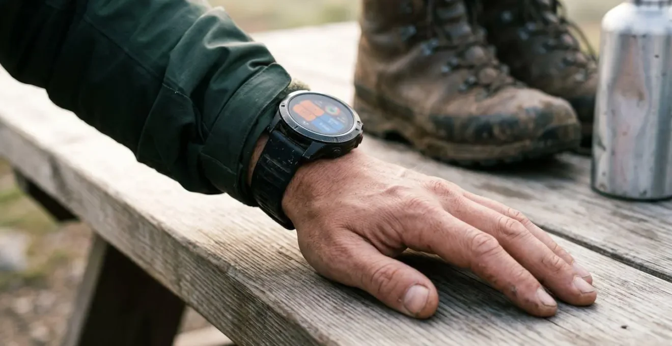 Vue rapprochée d'un poignet avec montre affichant des données de récupération floues