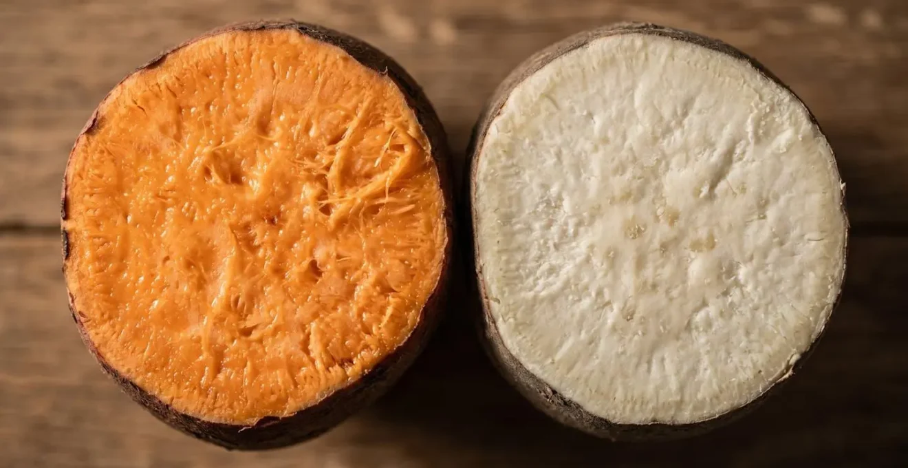 Comparaison visuelle entre patates douces orange et blanches coupées en section, montrant la texture humide de l'orange et sèche de la blanche.
