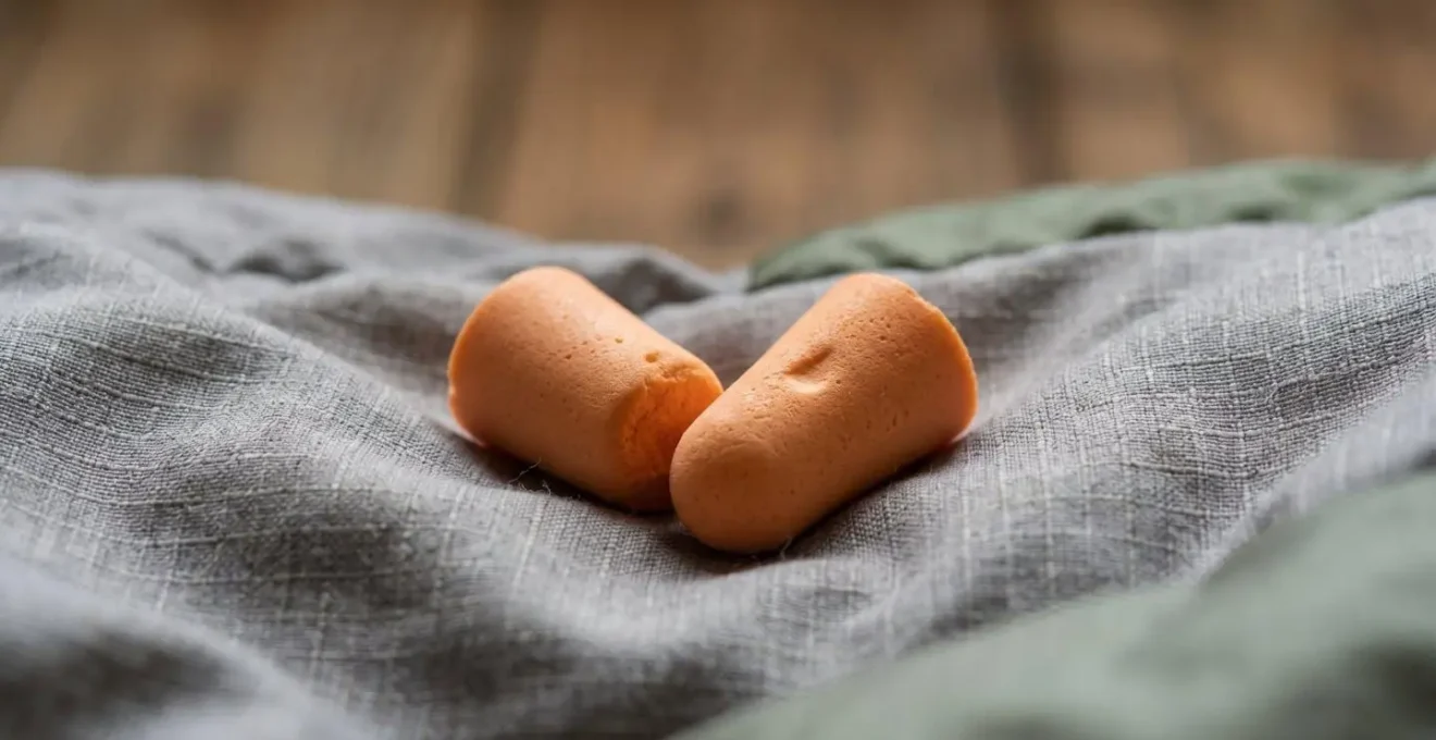 Gros plan sur des bouchons d'oreilles posés sur un sac de couchage dans un refuge
