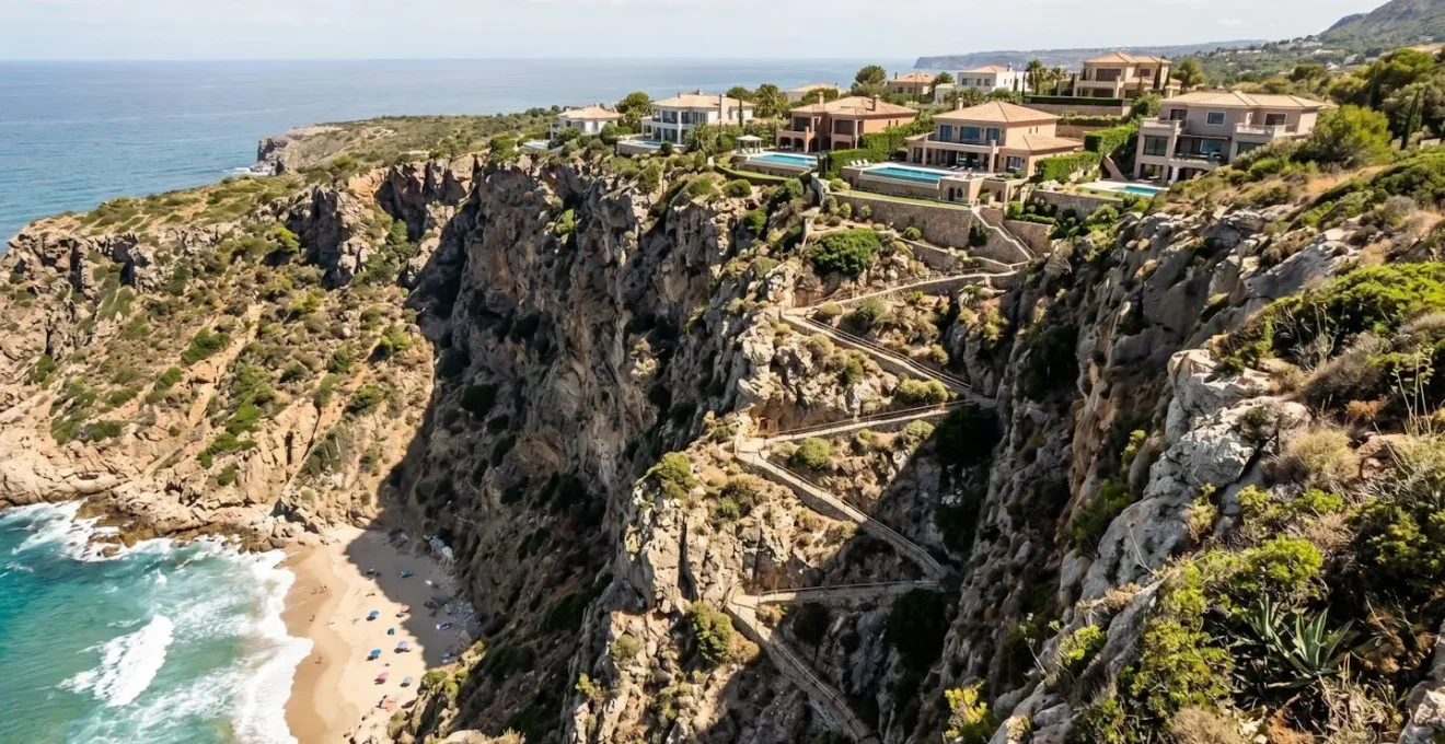 Vue plongeante depuis une falaise vers la mer montrant le dénivelé important