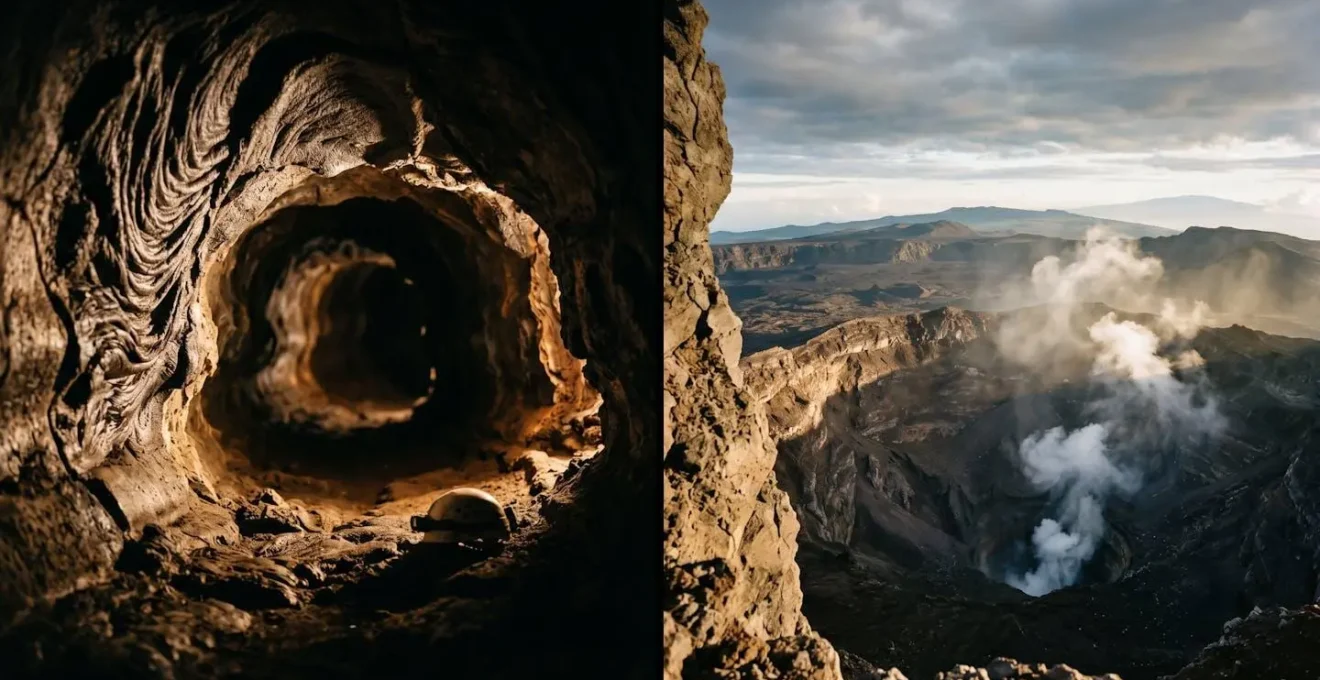 Comparaison visuelle entre l'intérieur d'un tunnel de lave et le cratère sommital du volcan