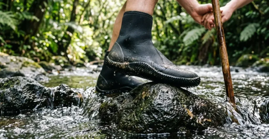Chaussons néoprène à semelle renforcée sur rochers humides en rivière Chaussons néoprène à semelle renforcée sur rochers humides en rivière